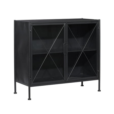 DecMode 33" x 29" Black Metal 1 Shelf Geometric Cabinet with Glass Front Panels, 1-Piece