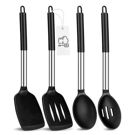 

4-Piece Large Silicone Kitchen Utensils Set Heat-Resistant Non-Stick Cooking Tools with Stainless Steel Handles (Black)