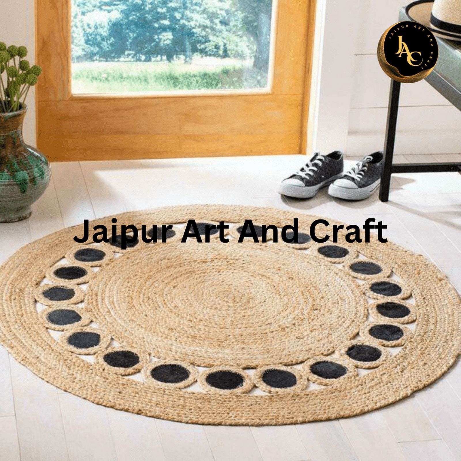 Jaipur Art And Craft Indian Hand Braided Natural Fiber Mid Black Tikki Brown Jute Round Area Rug (8x8 Sq Ft)
