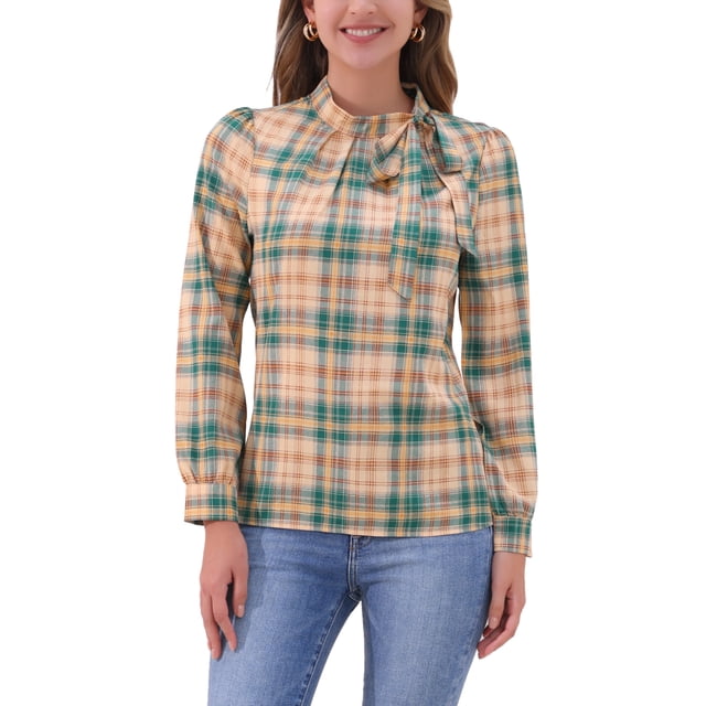INSPIRAR CHIC Blusas de Trabajo para Mujeres con Cuello de Lazo de Manga Larga en Cuadros XL color caqui Marrón Verde