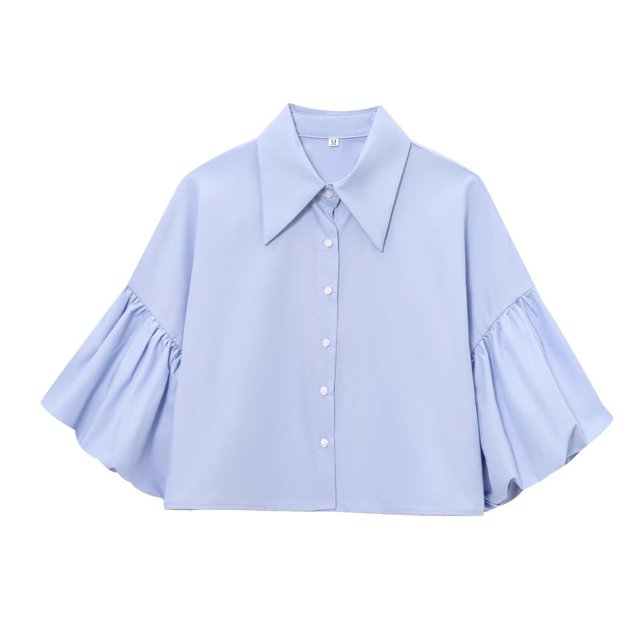 Womens Puff Sleeve Crop Top Fashion Button Down Collared Shirts Drop Shoulder Cute Cropped Blouses (S, Purple)