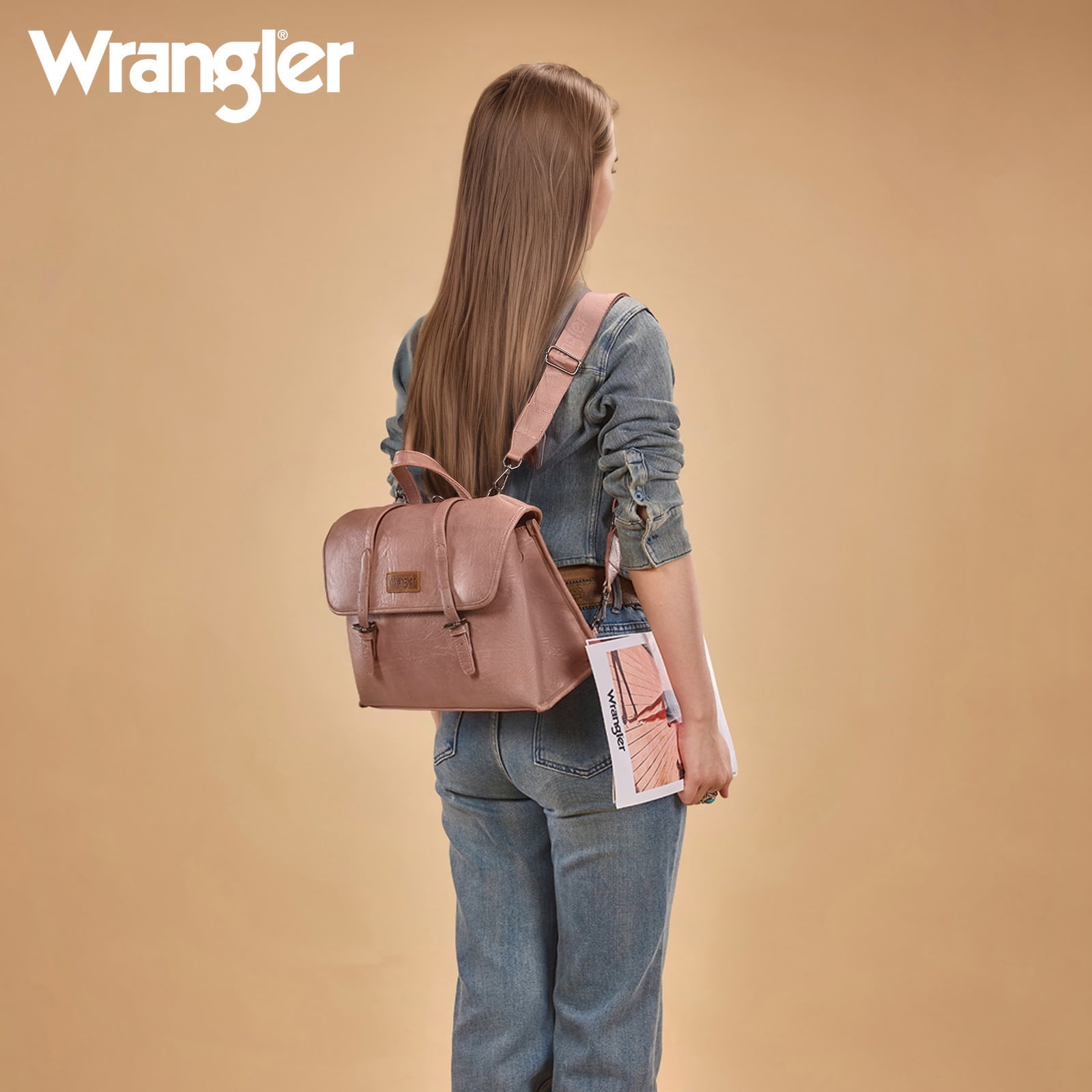 Wrangler Backpack Purse for Women Vegan Leather Fashion Anti Theft Convertible Backpack with Adjustable Strap, Dark Pink