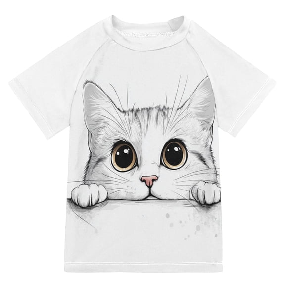 FORMRS Boys Rash Guard Short Sleeves Swim Shirt Quick Dry UPF 50 Sun Protection, Sizes 3-12T, White Cat