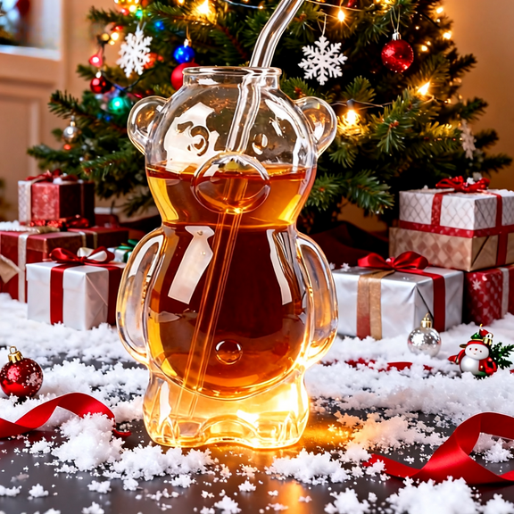 2025 New Bear Glass Cold Cup with Straw, 11oz Bear-Shaped Cup, Perfect for Iced Coffee, Cocktails, Cold Beverages, and Christmas Gifts for Drinkware Lovers,(1 Bear Cup with Straw)