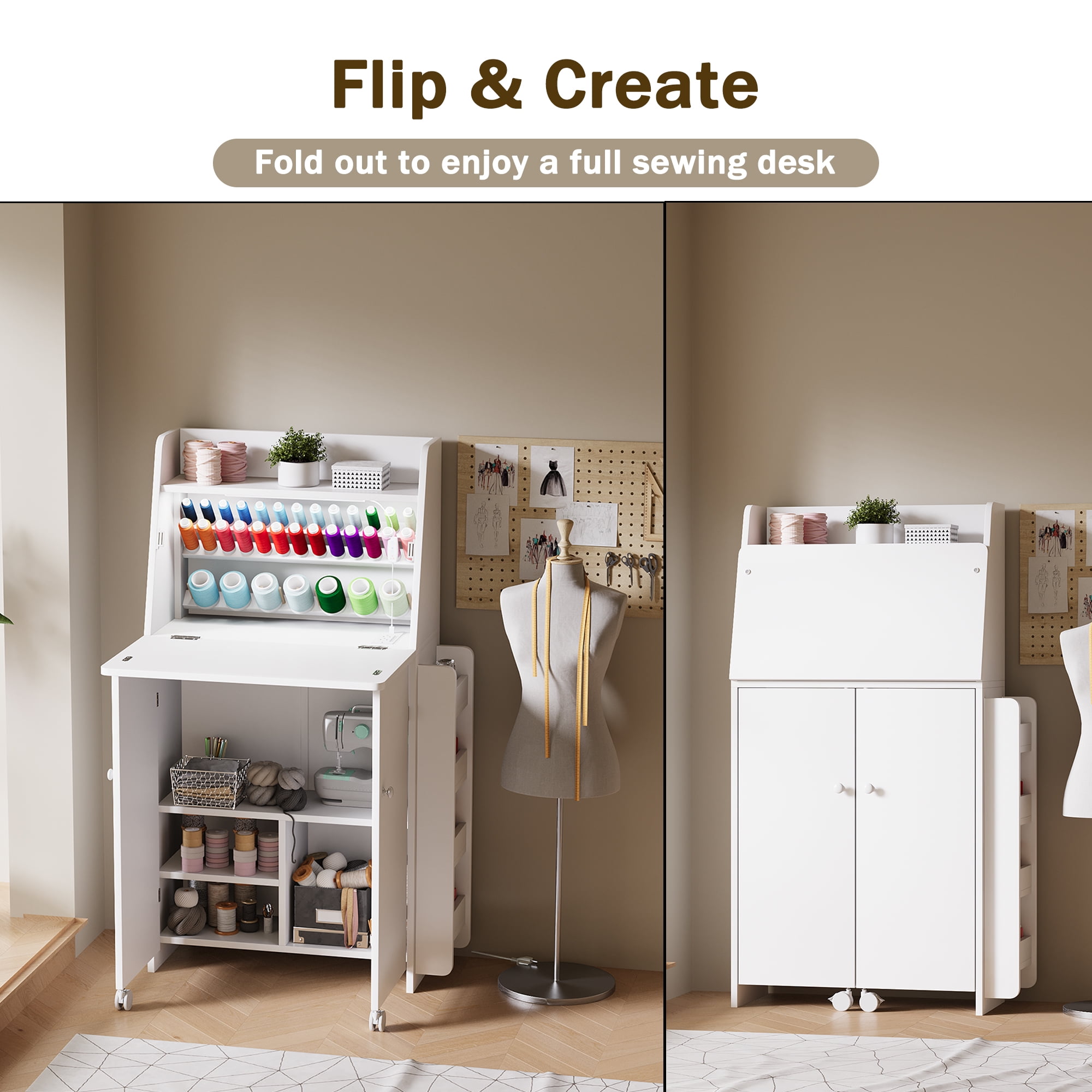 Advwin Sewing Cabinet with Foldable Tabletop, Thread Organizer Shelves, LED Light & Charging Station, Space-Saving Craft Table for Sewing, Quilting, Sewing Station for Small Spaces, White