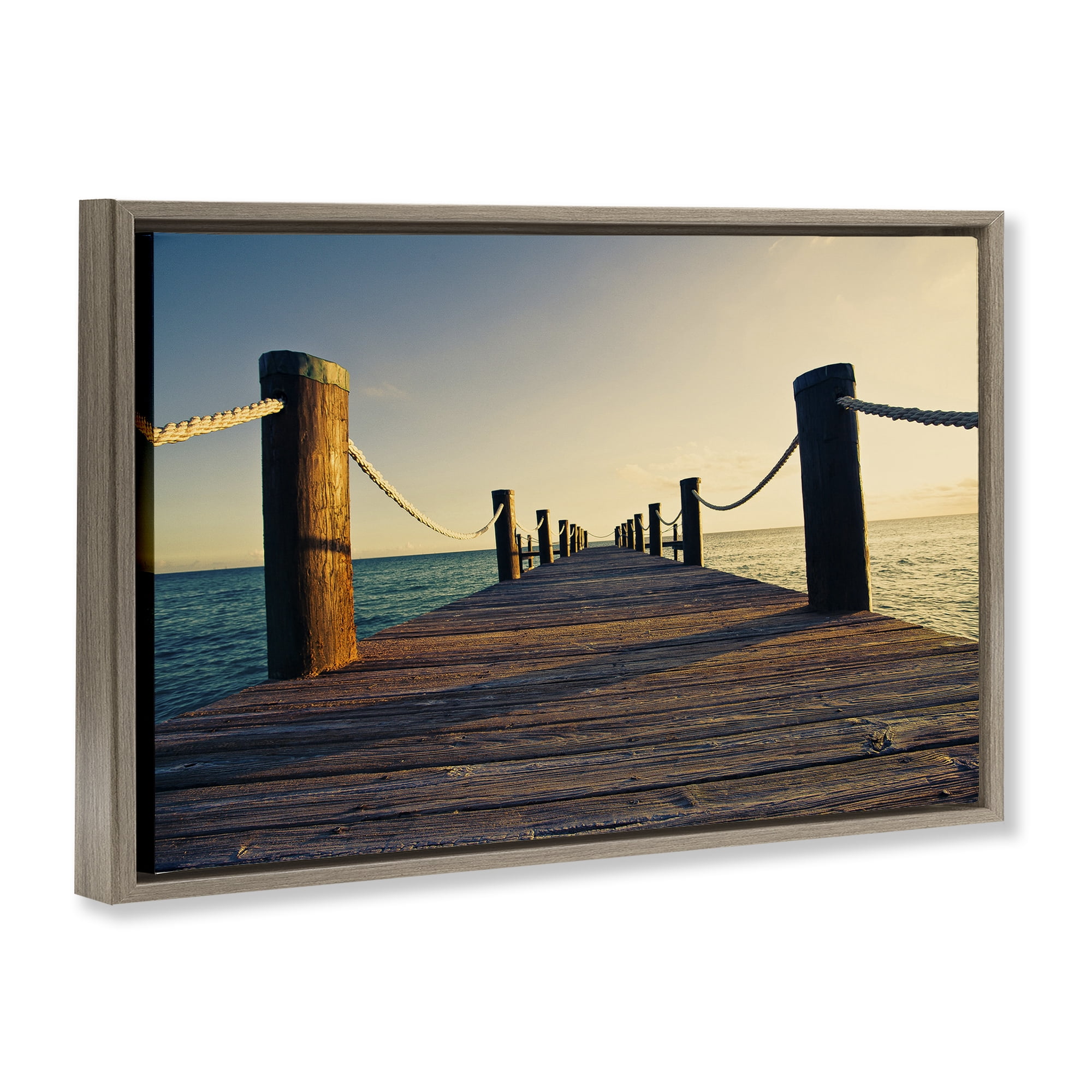 Stupell Industries Summer Coastal Dock Coastal Photography Brown Floater Framed Canvas Art Print Wall Art, 31 x 21