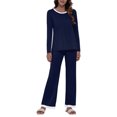thumbnail image 1 of Pijama de manga larga para mujer, transpirable, suave, lavable a máquina, azul oscuro, corte holgado, escote redondo, talla L, 1 of 5
