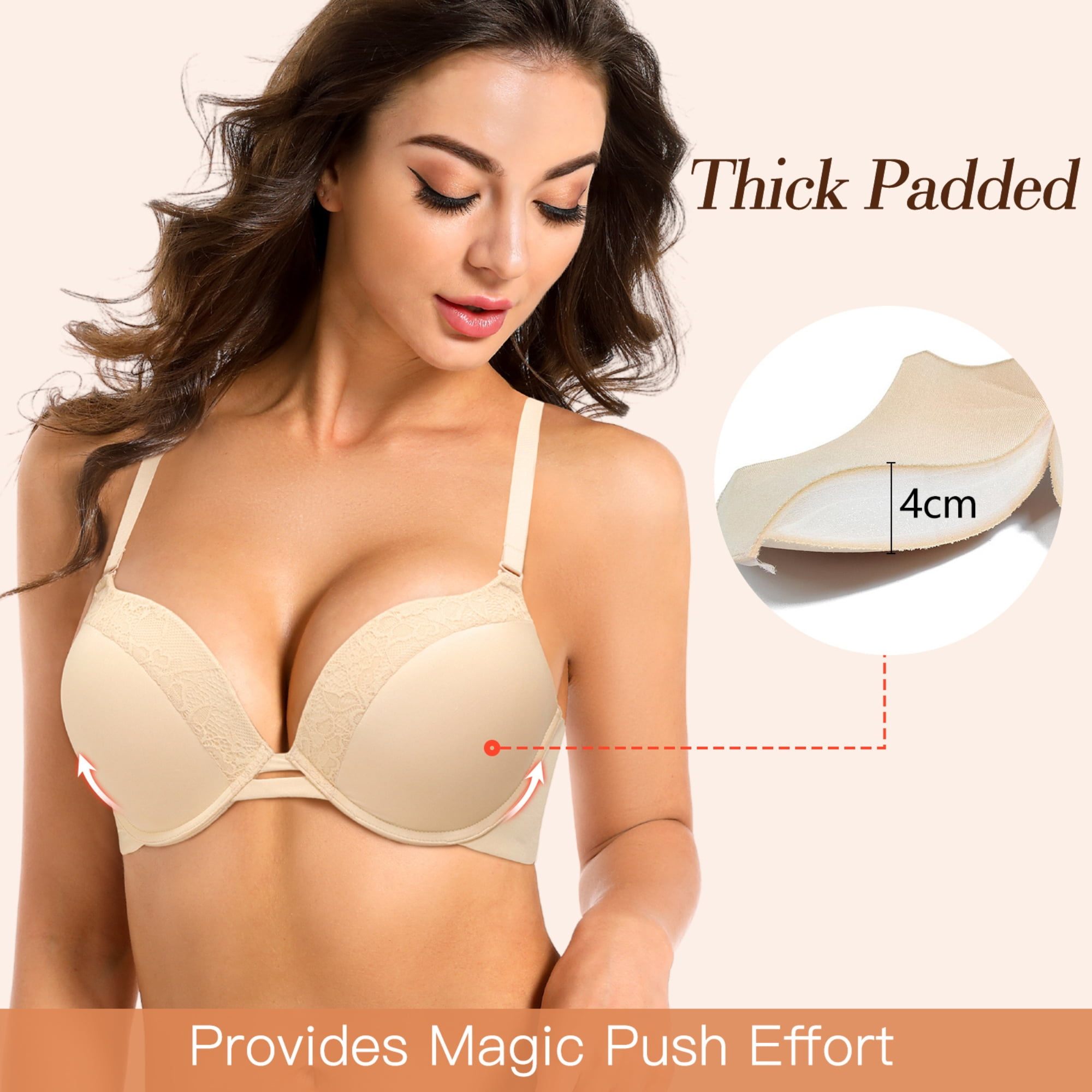 YANDW Push-up Padded Bras for Women Plunged Underwire Support Bra Add One Cups, Beige 36C