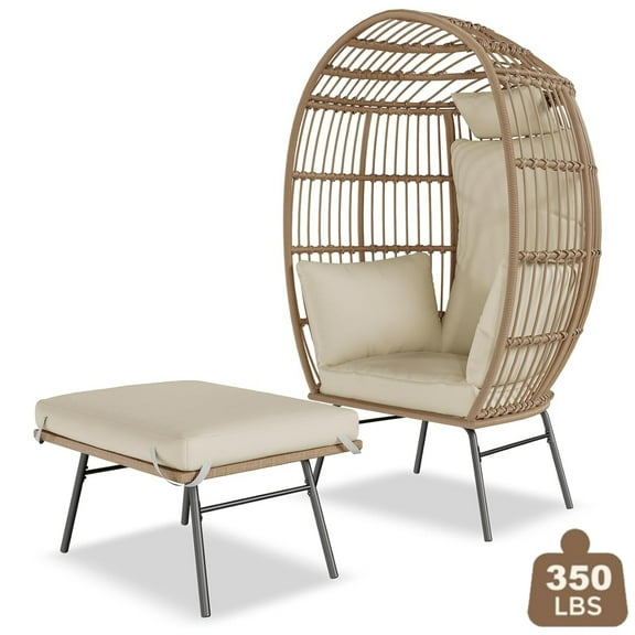 Emorefun Oversized Egg Chair with Stand, Round Wicker Chair W/Ottoman & Thick Cushion for Indoor Outdoor Patio Porch Backyard, Beige