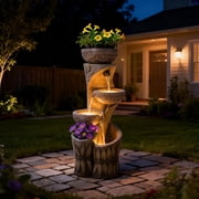 4 Tiered Water Fountain Outdoor, 35.6 Tall Cascading Bowl Leaf Carved Outdoor Waterfall Fountains Modern Water Feature with Dual Planters for Garden, Patio,Deck, Yard, Indoor Decor