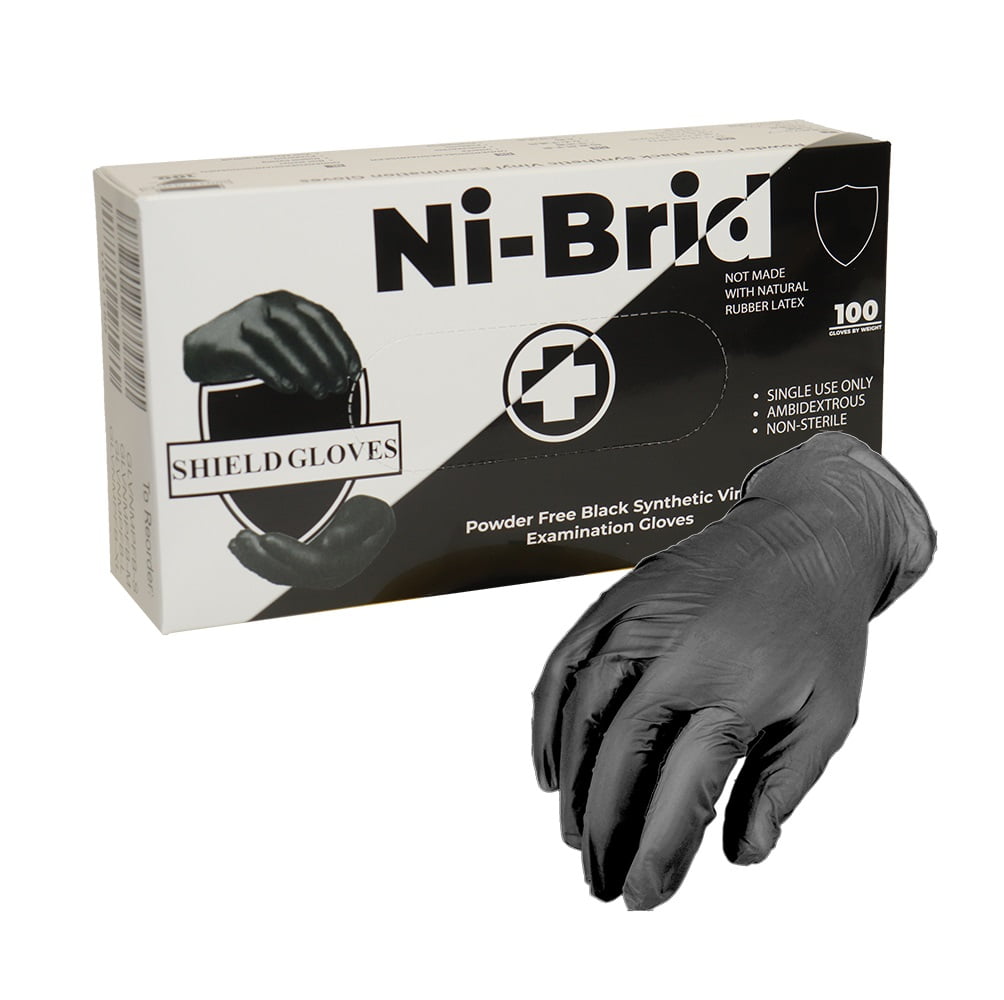 Ni-Brid Disposable 5 Mil Powder Free, Black Synthetic Vinyl Medical Examination Gloves, Ambidextrous, Non-Sterile, Medium, 100 Pieces