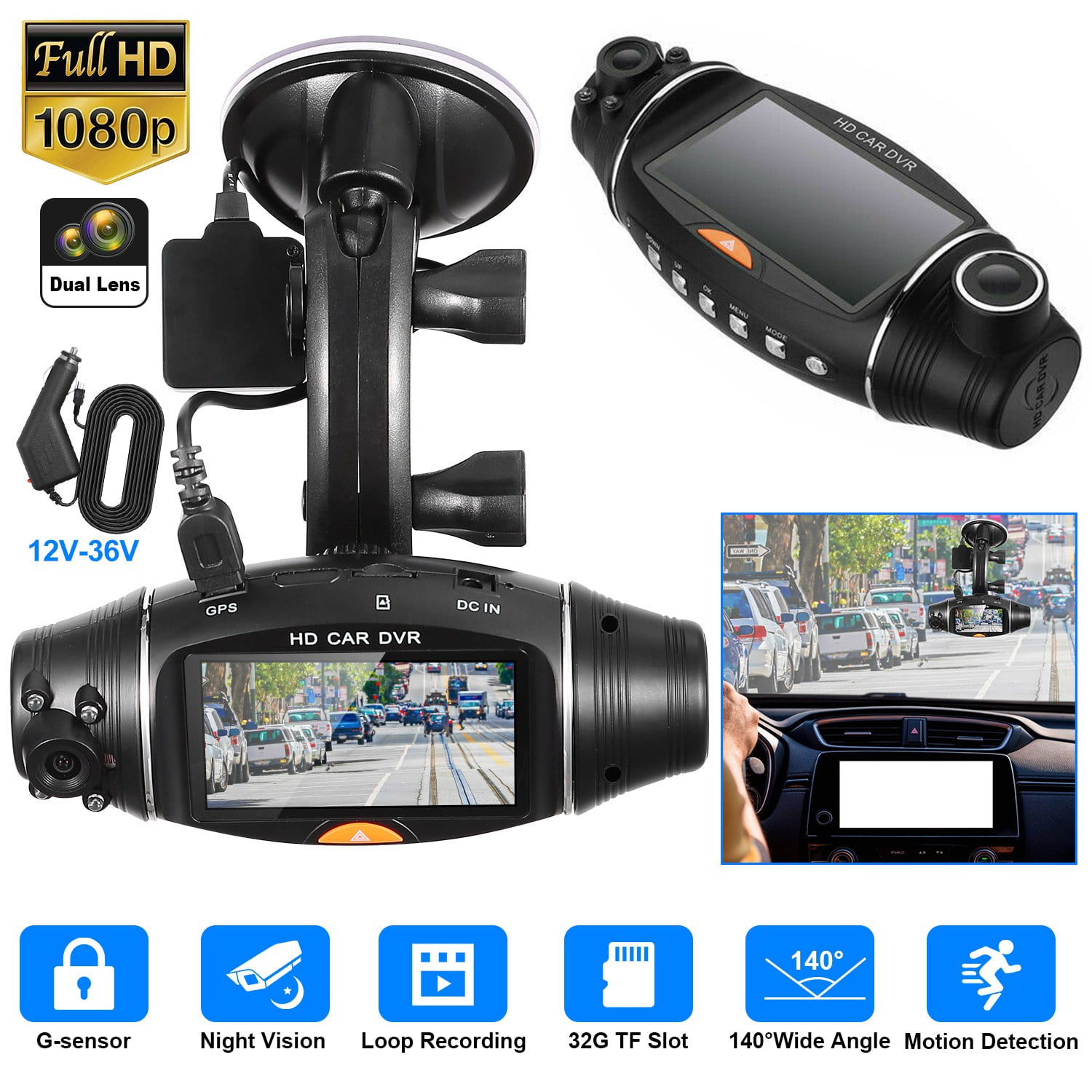 Meterk 1080p DVR Dash Camera Front & Inside & Rear Camera Driving Recorder 2 inch Screen Dashcam Support Night-Vision Loop Recording One-Key Lock