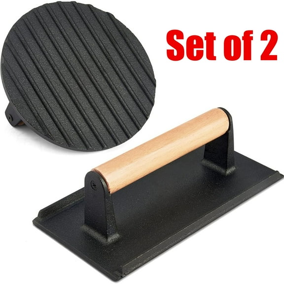 Burger Press 7.08" Round & 8.3”X4.3”Rectangle Heavy-Duty Cast Iron Grill Presses