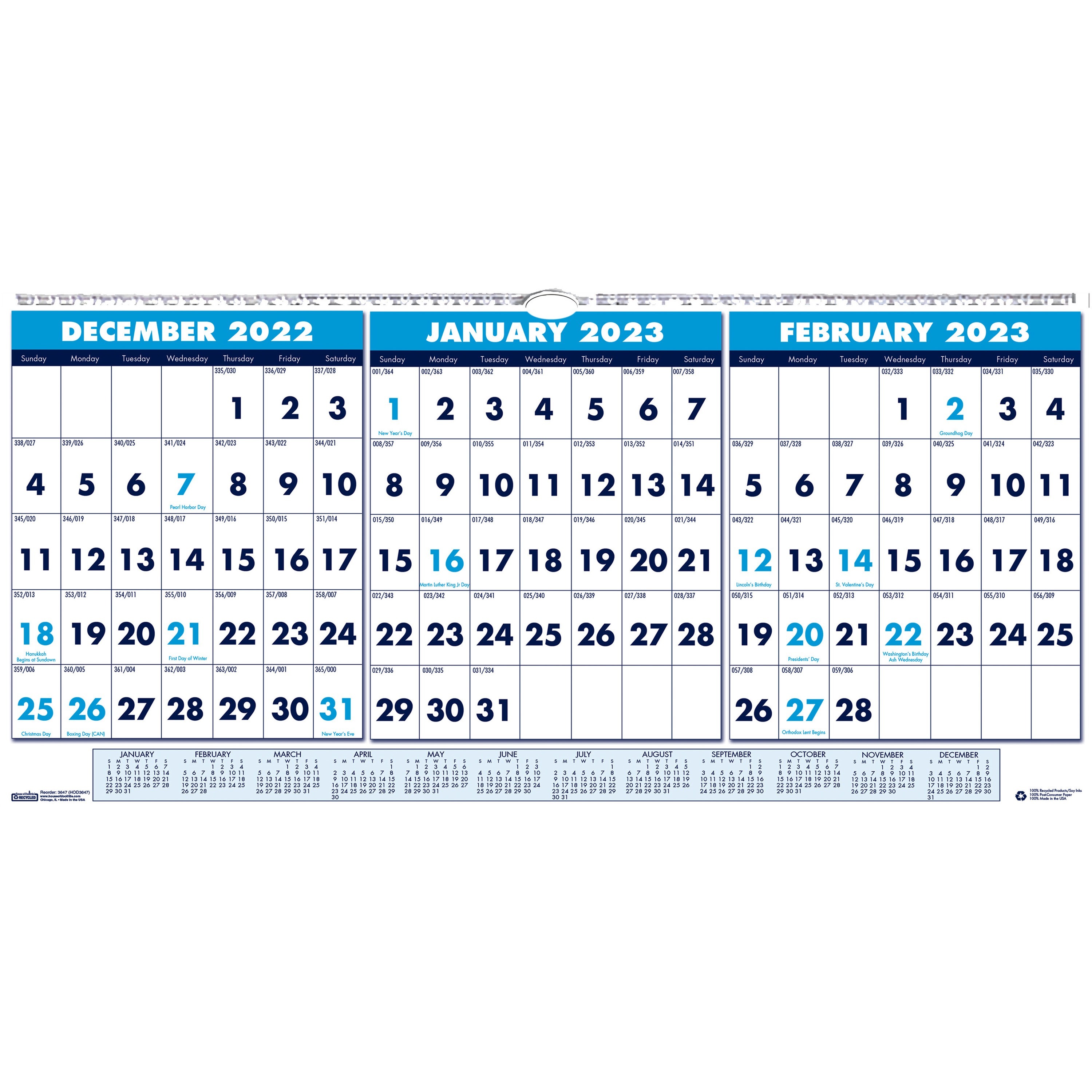 House of Doolittle Recy Three-Month Horizontal Wall Calendar 23.5x12 14-Month 2021-23 3648
