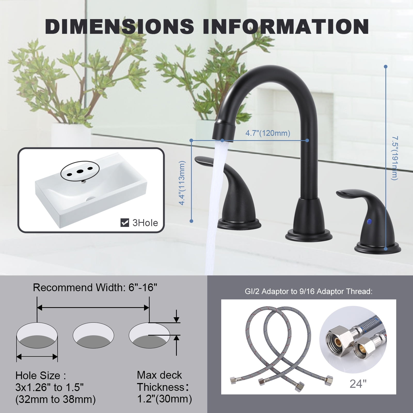 Wowow 3 Hole Widespread Bathroom Sink Faucet in Matte Black,Fit for 6 inch and 8 inch Sink with Pop UP Drain
