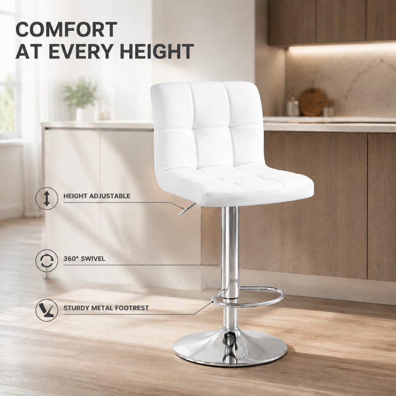 BEAUTYPEAK Adjustable Bar Stools Set of 2 PU Leather Swivel Counter Height Chairs with Backrest and Footrest, White