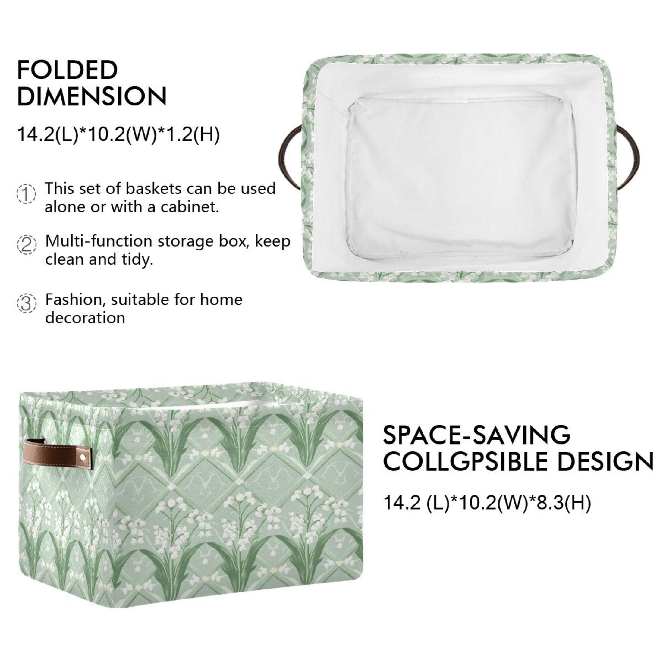 Light Green and White Lily Foldable Storage Basket,Canvas Fabric Foldable Storage Bins with Handles Open Home Storage Bins Boxes for Toy Book Shelf Closet Baskets