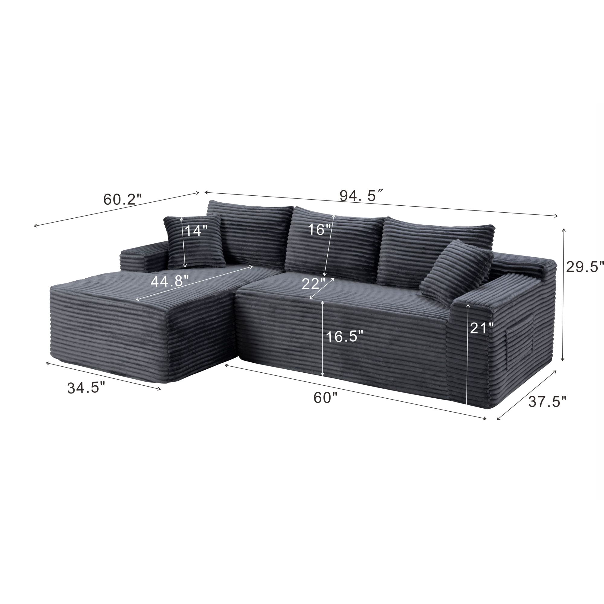 Leumius 94.5 Inch Modular Sectional Couches for Living Room,Modern Upholstered Deep Seat Cloud Couch,Corduroy L-Shape Sofas Couches,No Assembly Required,Gray-Left Facing Chaise