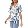 thumbnail image 4 of INSPIRE CHIC Women's Wrap Peplum Top Blouse Summer Floral Short Sleeve Ruffle V Neck Belted Shirts Blue Floal L, 4 of 6