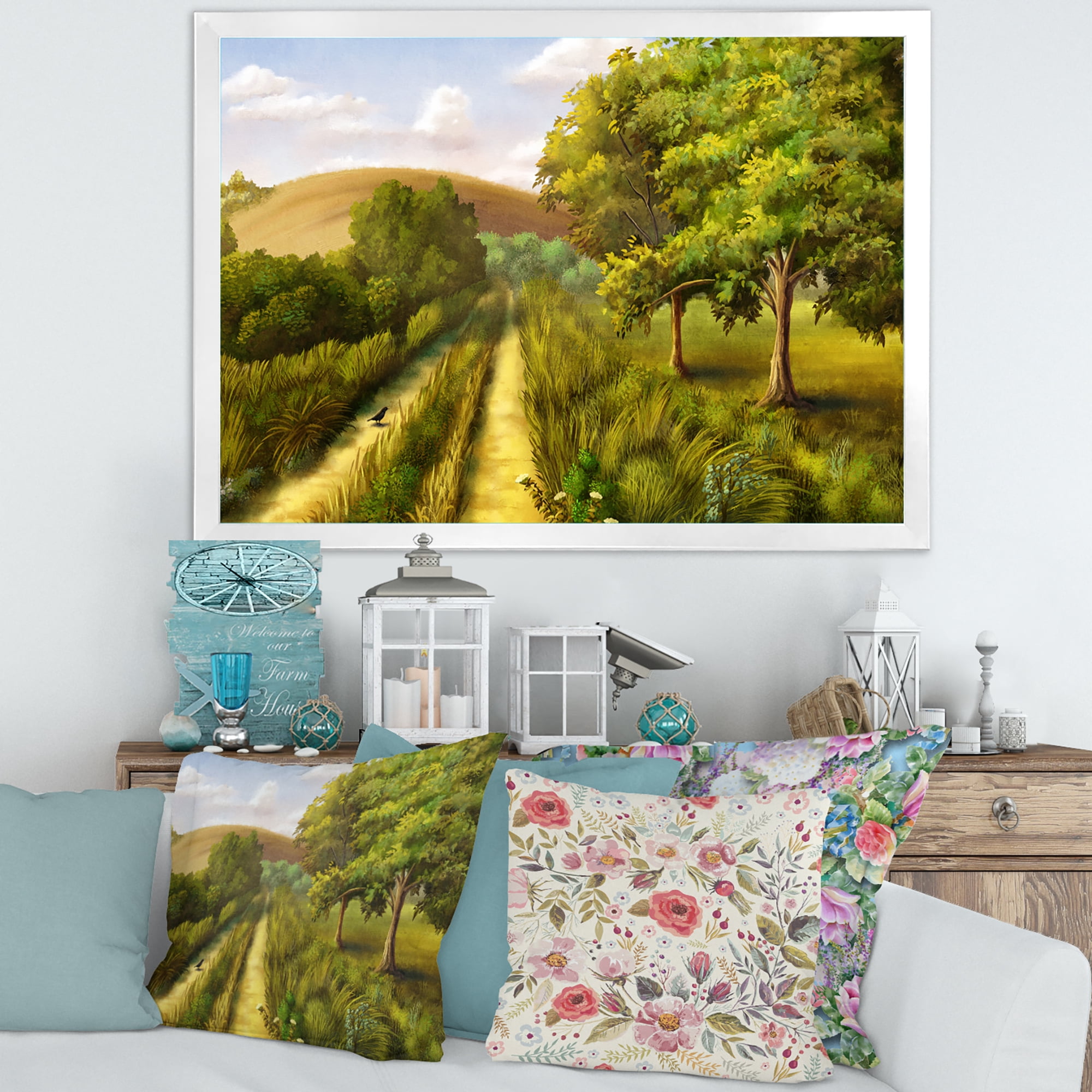Vital Country Road During Summer 20 in x 12 in Framed Painting Canvas Art Print, by Designart