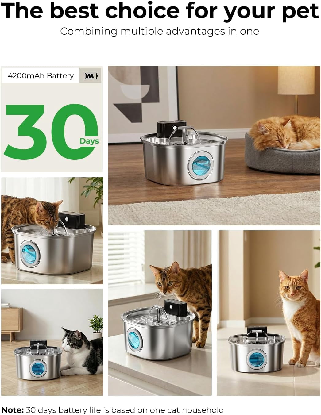 Stainless Steel Wireless Cat Water Fountain: 3.2L/108oz 3-Modes Pet Drinking Fountain Indoor Cordless Motion Sensor with Pet Water Dispenser Bowl with Water Level Window, BPA-Free, 4Filter