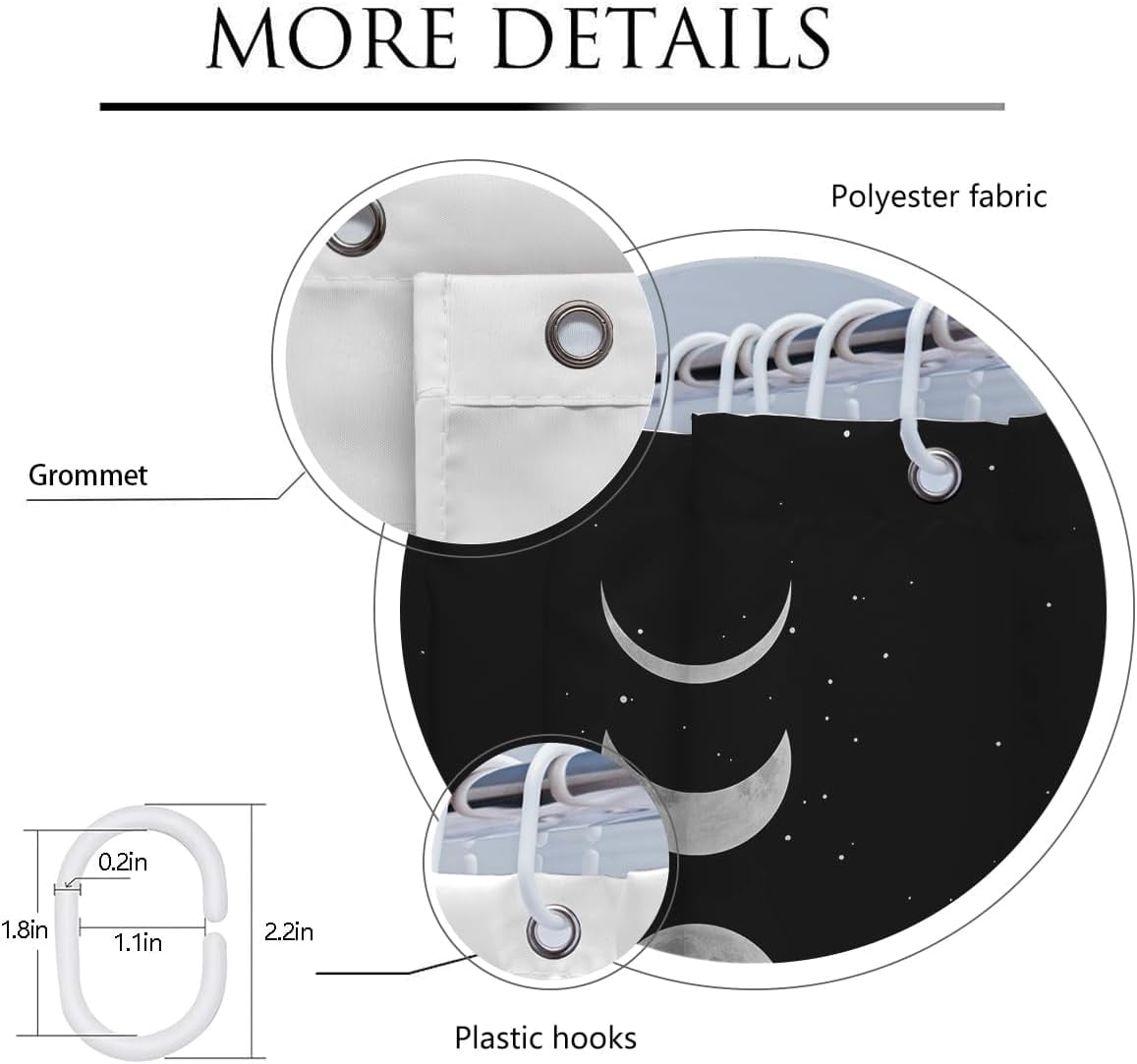 Moon Phase Shower Curtain Moonlit Goth Gothic Witch Witchy White Mysticism Celestial with Red Floral Leaves Plants Design Bathroom 36x72 Inch Polyester Fabric Waterproof 12 Pack Hooks