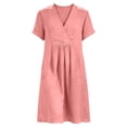 thumbnail image 6 of Ayolanni Dresses for Women Short Sleeve Solid V Neck A-Line Midi Dress Vacation Cotton Flowy Dressy Dress with Pockets Pink L, 6 of 9