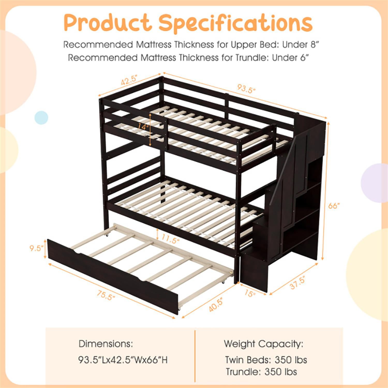 Demi Bonn Home Wood Bunk Bed with Guard Rail and 4-step Storage Stairs, Twin Bunk Beds, No Box Spring Needed, Brown
