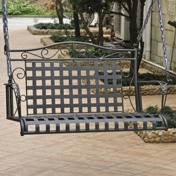 International Caravan Wrought Iron Hanging Porch Swing, Antique Black