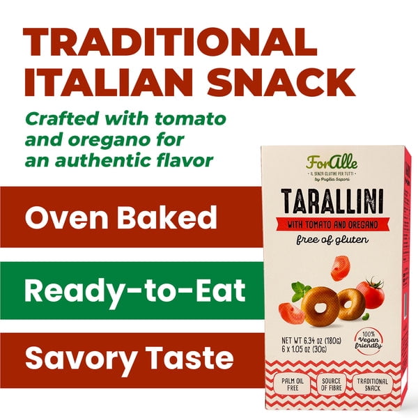 For Alle Gluten Free Tarallini with Tomato and Oregano, 6x1.05 oz (6.34 oz) – Traditional Italian Pugliese Snack. Oven-Baked. Vegan. Cholesterol-Free. (Pack of 2)