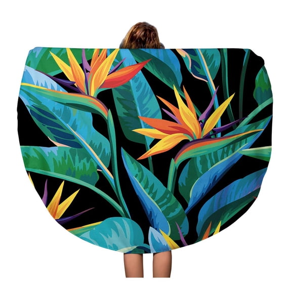 SIDONKU 60 inch Round Beach Towel Blanket Colorful Tropic Tropical Pattern Strelitzia Flower Floral Foliage Aloha Travel Circle Circular Towels Mat Tapestry Beach Throw