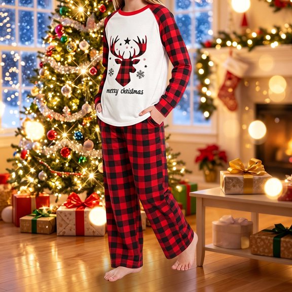 Huowey Matching Family Christmas Pajamas Plaid Reindeer Graphic Tops And Pants Pajama Set Long Sleeve Crew Neck Kids 2 PC Cute Holiday Gatherings Loungewear,Red,7-8 Years
