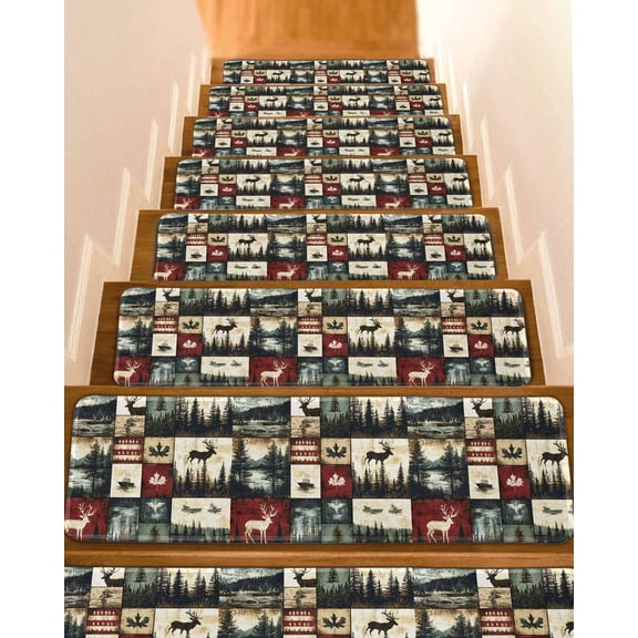 Rustic Forest Non-Slip Stair Treads for Wooden Steps, 15 Pack-8x30in Carpet Stair Mats with Adhesive Backing, Noise-Reducing Step Covers for Indoor Stairs, Easy to Install & Residue-Free