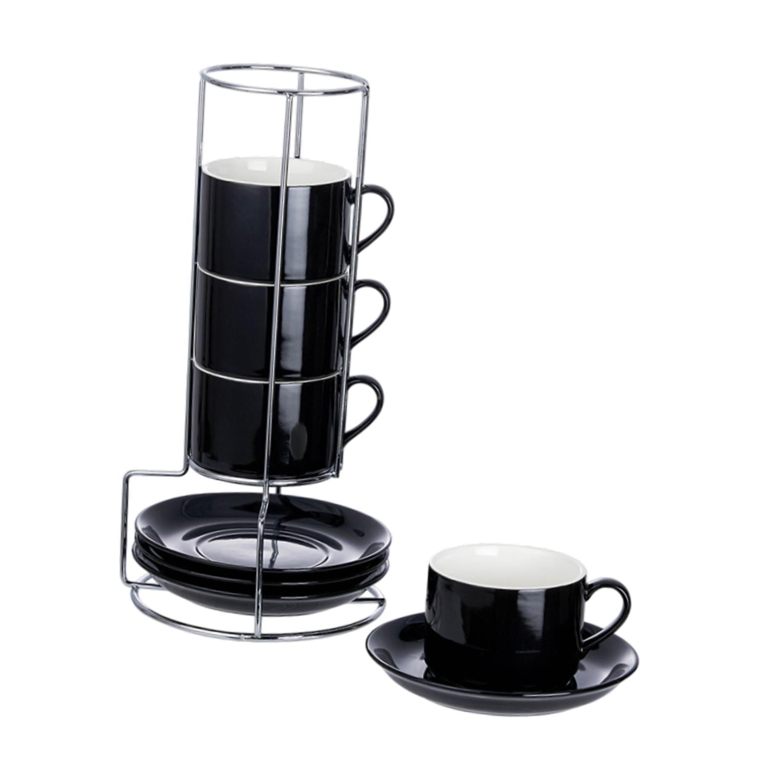 Esquirla Ceramic Espresso Cups Coffee Cups,Sturdy,Porcelain,Espresso Mugs with Saucers and Metal Stand Stackable for Cappuccino Coffee 5OZ