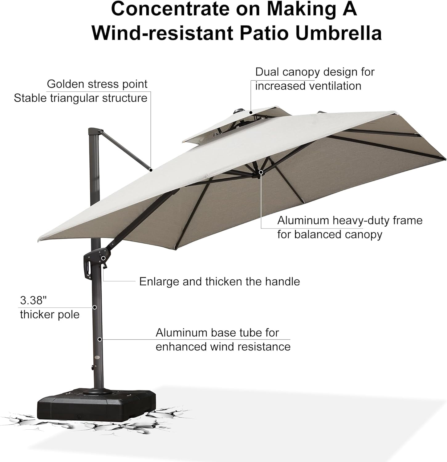PURPLE LEAF Outdoor Cantilever Umbrella 10' X 13' Rectangle Umbrella Large Patio Umbrella Windproof Heavy Duty Hanging Offset Umbrella for Garden Outdoor Pool, Light Grey