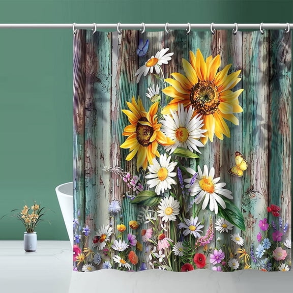Fabric Sunflower Shower Curtains, Boho Shower Curtains for Bathroom, with 12pcs Hooks, Weighted Hem,71" x 71" , Colorful