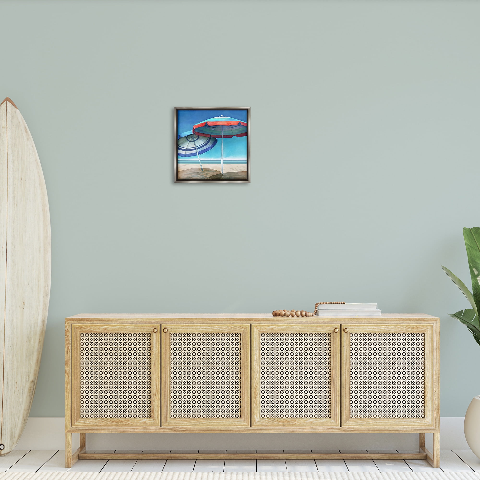 Stupell Industries Beach Umbrella Shadows Landscape Painting Gray Floater Framed Canvas Art Print Wall Art, 18 x 18