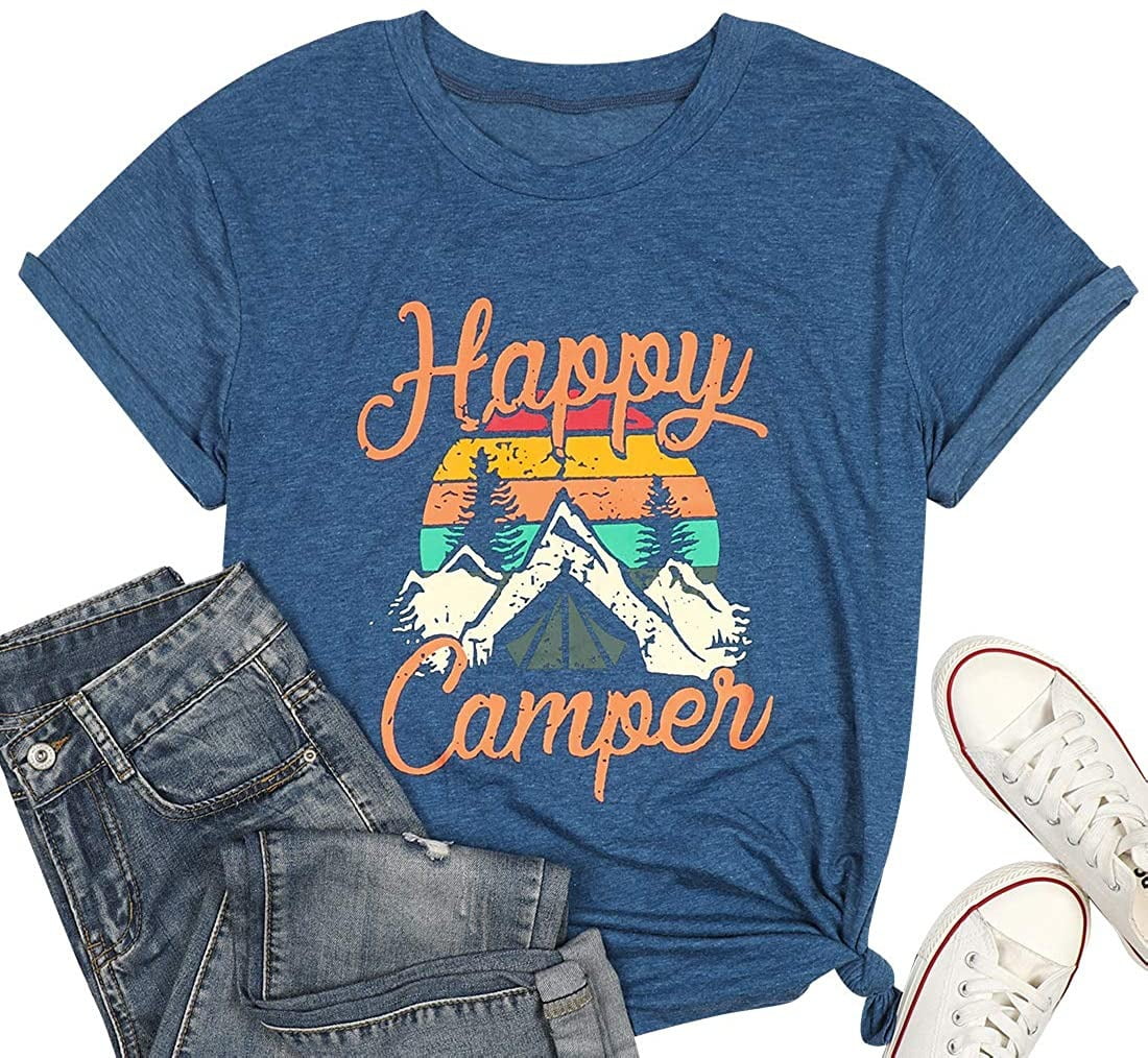 Happy Camper Shirts for Women Camping T-Shirt Letter Print Cute Graphic Short Sleeve Casual Tee Tops