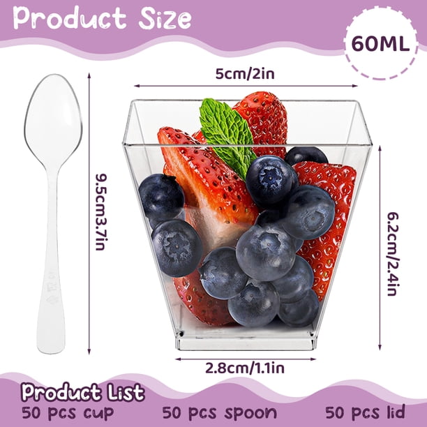 50 PCS Mini Tasses à Dessert 2oz Avec Cuillères - Verrines Plastique Réutilisables Pour Mousse Pudding Glace