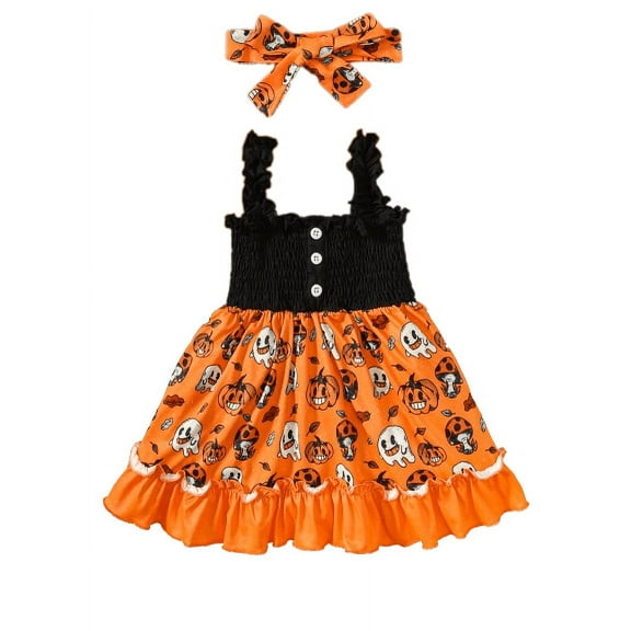 Mikrdoo 2-3 Years Toddler Baby Girls Dress Sets Straps Pumpkin Print Ghost Print Splice Halloween Dress With Headband 2Pcs Clothing Orange