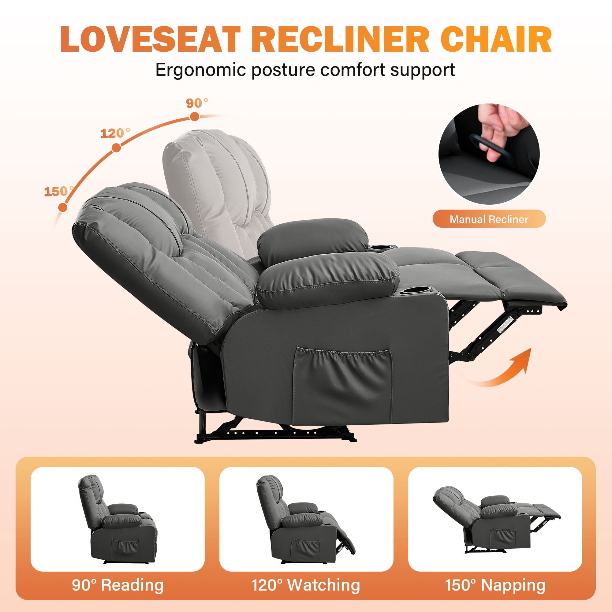 Alvantor Loveseat Recliner Sofa for Adults with Massage & Heating, Modern Leather Manual Recliner Chair with Cup Holders for Home Theater Gray
