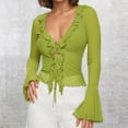 thumbnail image 2 of Ediodpoh Women’s Fashion Cardigan Stylish Plunging V Neck Ruffled Trim Long Sleeve Fitted Flare Sleeve Top Womens Cardigan Green L, 2 of 5