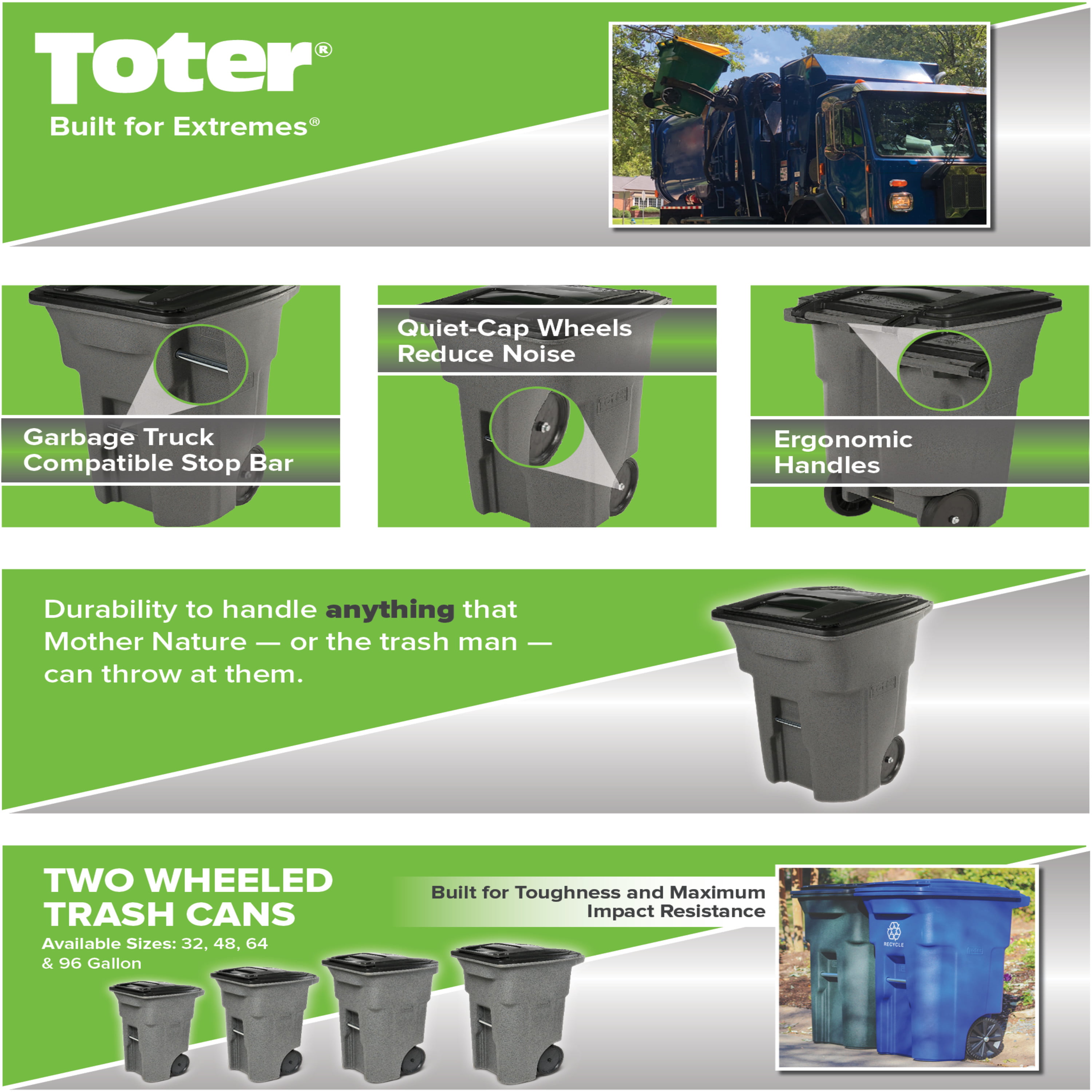 Toter Heavy Duty Two-Wheel Trash Cart w/Casters, 96 Gallon Graystone -  ACC96-01GST