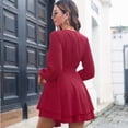 thumbnail image 3 of Vestido skater mini con escote en V profundo y manga larga con cinturón y cordones para mujer,rojo,L, 3 of 6