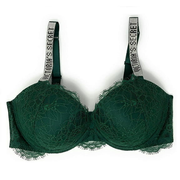Victoria's Secret Very Sexy Push Up Bra Forest Green Bling Shine Logo Straps Cup Size 36D New