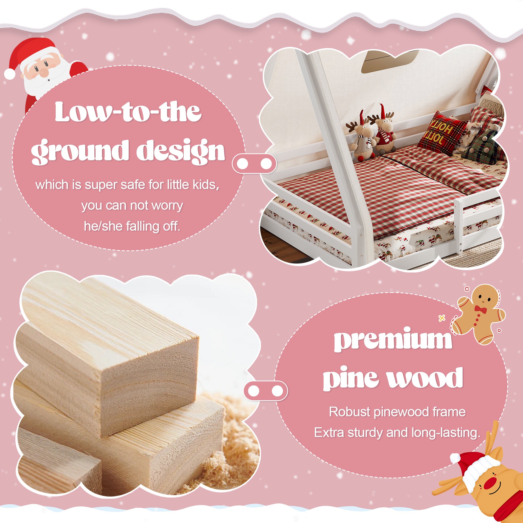 QZYeYun Full Size House Floor Bed with Tent and Light, Solid Wood Teepee Floor Bed with Full-length Guardrails, Montessori and Childlike Design (White-Pink)