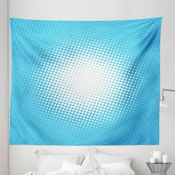 Vintage Blue Tapestry, Retro Style Comic Inspired Pop Art and Sunny Haze Vanishing Dots, Fabric Wall Hanging Decor for Bedroom Living Room Dorm, 5 Sizes, Pale Blue and White, by Ambesonne