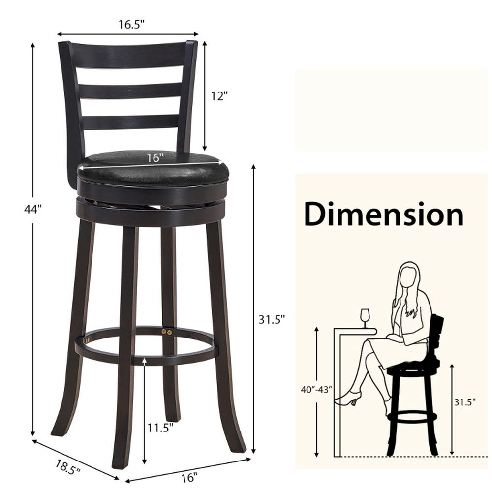 Demi Bonn Set of 2 Bar Stools Swivel Bar Height Chairs with PU Upholstered Seats Kitchen Modern Dining Chair, Black