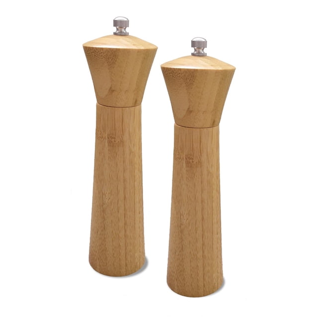 juego de molinos sal y pimienta vita hecho de madera acacia — Par de molinos condimenteros de madera acacia color café, vista frontal centrada, silueta cilíndrica que se ensancha hacia la parte superior con tuerca metálica para ajustar la molienda; veta natural visible sobre fondo blanco, pensado para mesa y utensilios de cocina, también aptos como detalle decorativo.