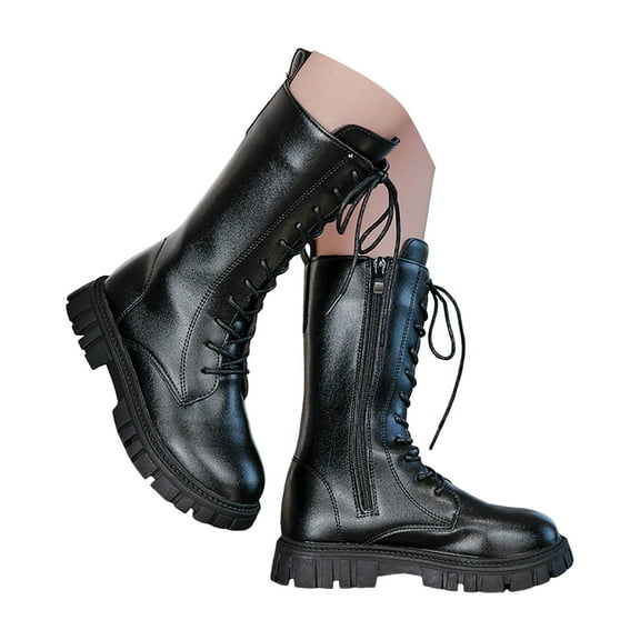 Kogui Knee High Boots for Toddler Girls Girls Leather Lace up Knee High Boots Comfortable Round Toe Combat Riding Boots Winter Boots Little Kid/Big Kid Size 11.5 (Black,Little Kids 11.5)